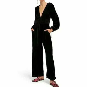 Free People Black XS True Lovin Velvet Wide Leg Jumpsuit Boho Retro Oversized